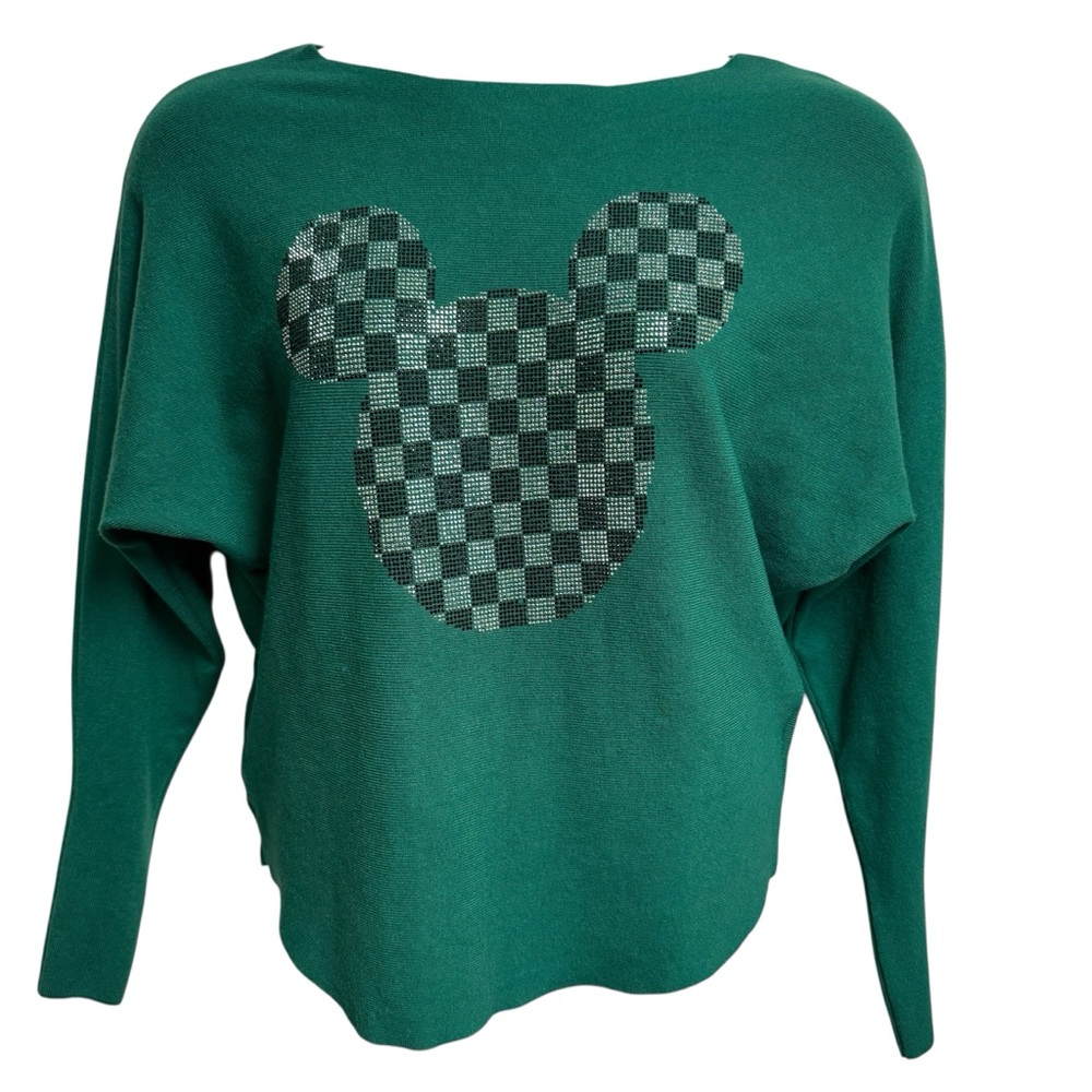 S. Christina Green Cashmere Sweater Size L/XL Mickey Mouse Embellished Front